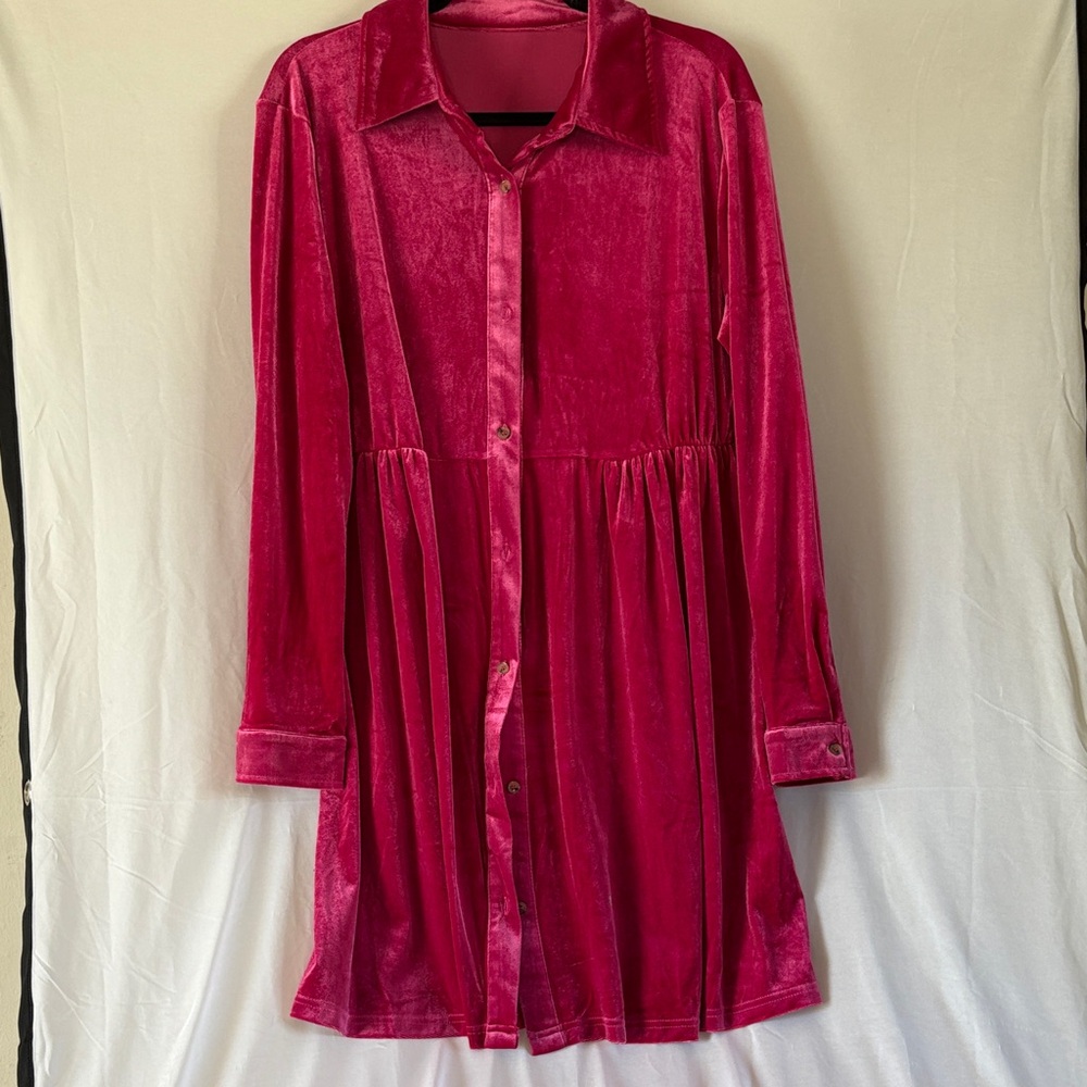 Velvet Button-Front Long Sleeve Dress in Deep Fuchsia
